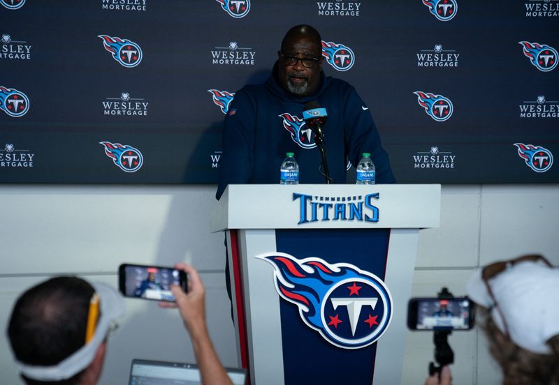 FILE PHOTO: Aug 10, 2023; Tennessee, TN, USA; Tennessee Titans assistant head coach Terrell Williams talks to the media after a training session at Ascension Saint Thomas Sports Park. Williams will be the acting head coach for their first preseason game against the Chicago Bears. Mandatory Credit: Denny Simmons-USA TODAY Sports/File Photo