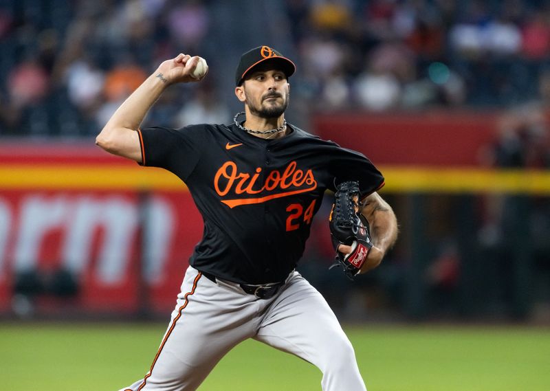 FILE PHOTO: Apr 7, 2025; Phoenix, Arizona, USA; Baltimore Orioles pitcher Zach Eflin in the first inning against the Arizona Diamondbacks at Chase Field. Mandatory Credit: Mark J. Rebilas-Imagn Images/File Photo