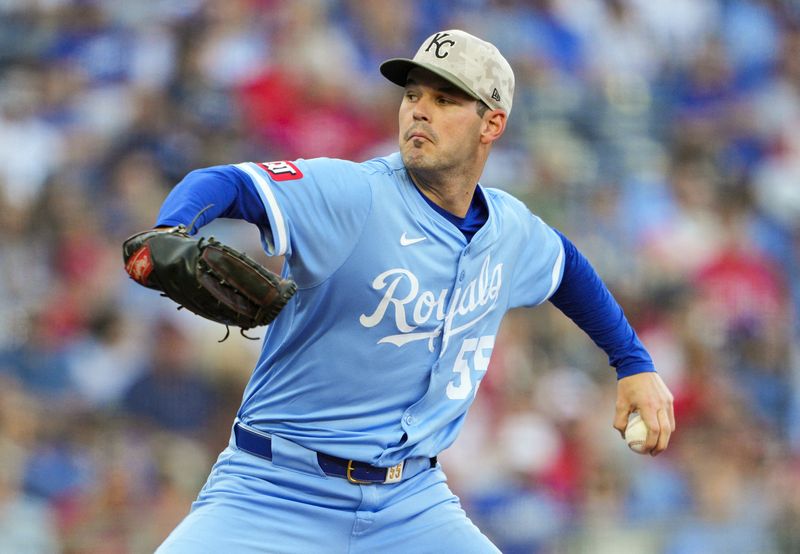 May 16, 2025; Kansas City, Missouri, USA; Kansas City Royals starting pitcher Cole Ragans (55) pitches during the first inning against the St. Louis Cardinals at Kauffman Stadium. Mandatory Credit: Jay Biggerstaff-Imagn Images/File Photo