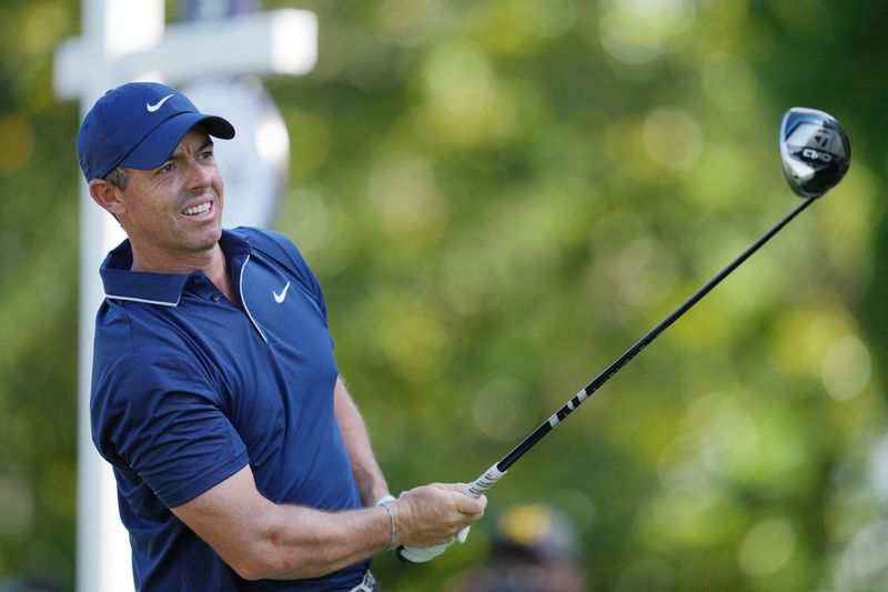 May 17, 2025; Charlotte, North Carolina, USA; Rory McIlroy tees off on the third hole during the third round of the PGA Championship golf tournament at Quail Hollow. Mandatory Credit: Aaron Doster-Imagn Images