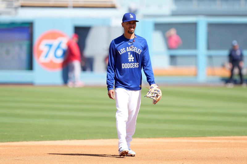 Mar 23, 2025; Los Angeles, California, USA; Los Angeles Dodgers shortstop Mookie Betts before the game against the Los Angeles Angels at Dodger Stadium. Mandatory Credit: Kirby Lee-Imagn Images