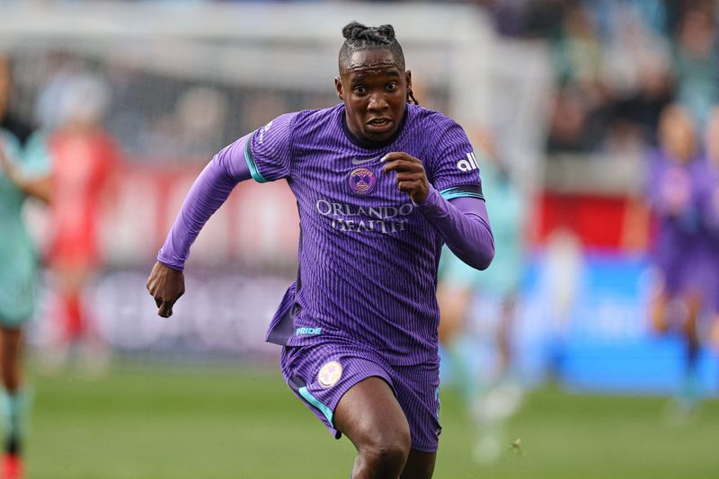 FILE PHOTO: Mar 23, 2025; Harrison, New Jersey, USA; Orlando Pride forward Barbra Banda (22) in action against Gotham FC during the first half at Sports Illustrated Stadium. Mandatory Credit: Vincent Carchietta-Imagn Images/File Photo