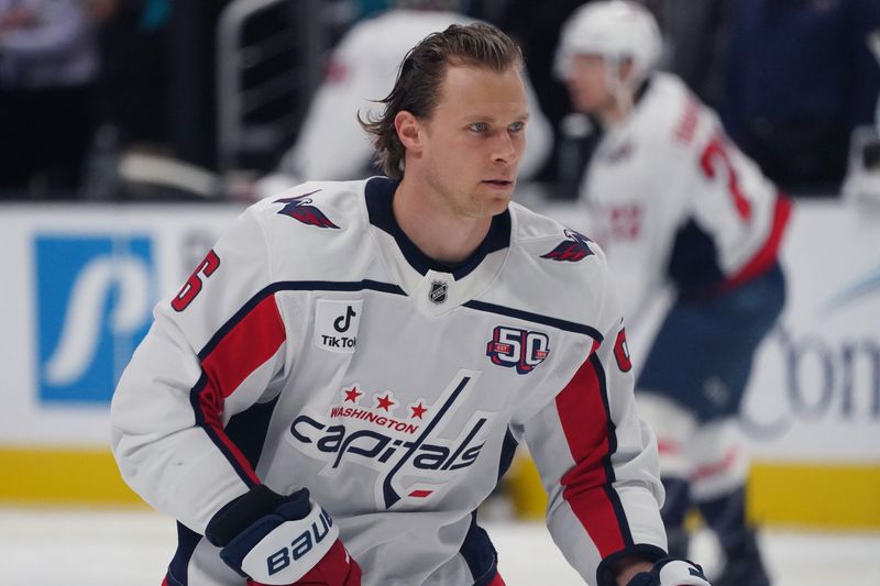 FILE PHOTO: Mar 15, 2025; San Jose, California, USA;  Washington Capitals defenseman Jakob Chychrun (6) takes the ice for warmups against the San Jose Sharks at SAP Center at San Jose. Mandatory Credit: David Gonzales-Imagn Images/File Photo