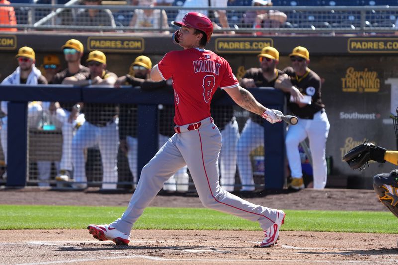 FILE PHOTO: Feb 25, 2025; Peoria, Arizona, USA; Los Angeles Angels outfielder Mickey Moniak (8) bats against the San Diego Padres during the first inning at Peoria Sports Complex. Mandatory Credit: Rick Scuteri-Imagn Images/File Photo