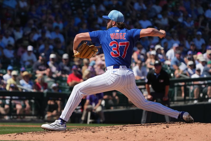 Mar 24, 2025; Mesa, Arizona, USA; Chicago Cubs pitcher Porter Hodge (37) throws against the Atlanta Braves in the third inning at Sloan Park. Mandatory Credit: Rick Scuteri-Imagn Images/File Photo