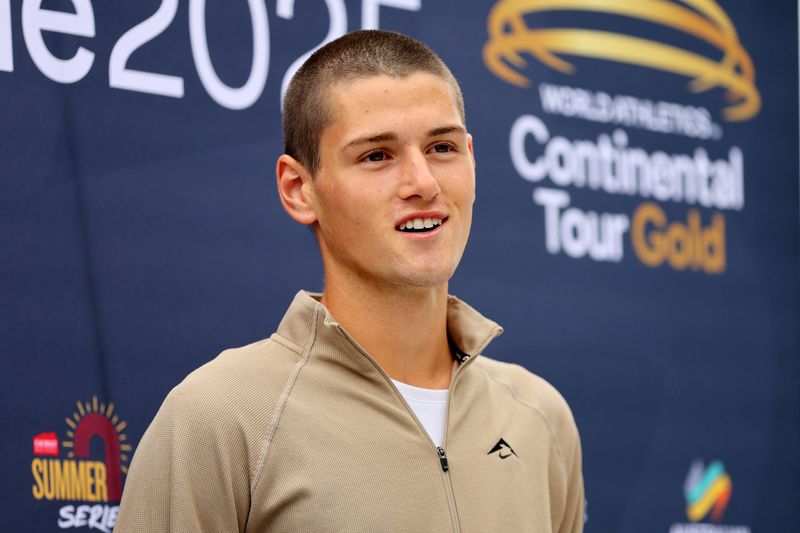 World Athletics U20 Championships silver medallist Cameron Myers speaks to the media during a media opportunity at the Lakeside Stadium in Melbourne, Victoria, Australia, March 26, 2025. AAP/Con Chronis via REUTERS