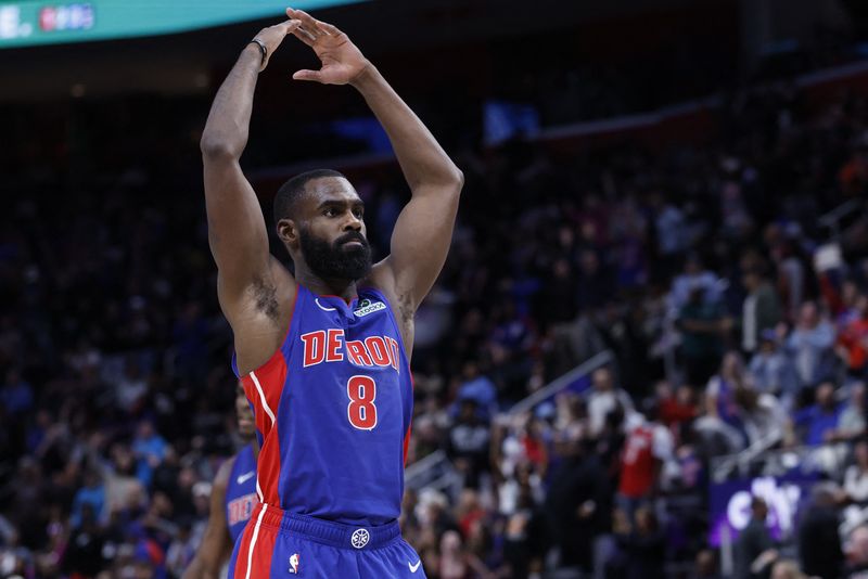 Mar 28, 2025; Detroit, Michigan, USA;  Detroit Pistons forward Tim Hardaway Jr. (8) celebrates in the second half against the Cleveland Cavaliers at Little Caesars Arena. Mandatory Credit: Rick Osentoski-Imagn Images
