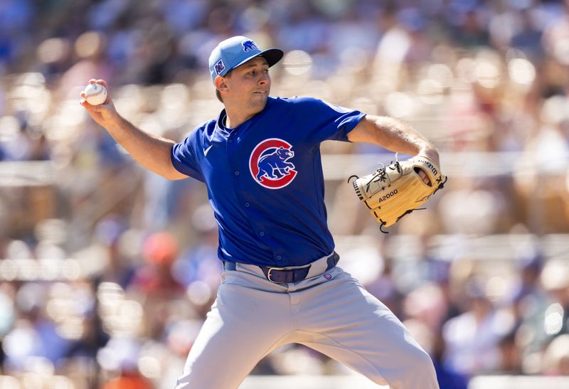 FILE PHOTO: Feb 20, 2025; Phoenix, Arizona, USA; Chicago Cubs pitcher Cody Poteet against the Los Angeles Dodgers during a spring training game at Camelback Ranch-Glendale. Mark J. Rebilas-Imagn Images/File Photo