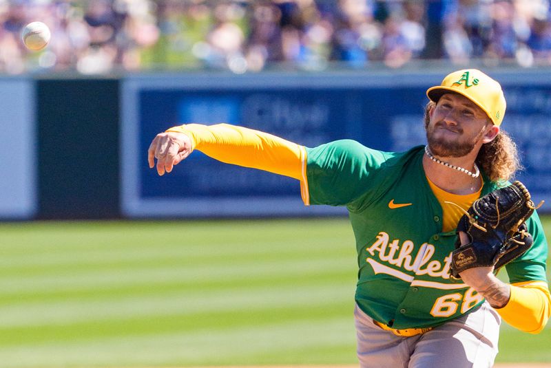FILE PHOTO: Mar 9, 2025; Peoria, Arizona, USA; Oakland Athletics pitcher Joey Estes (68) on the mound in the first inning for a spring training game between the at Camelback Ranch-Glendale. Mandatory Credit: Allan Henry-Imagn Images/File photo