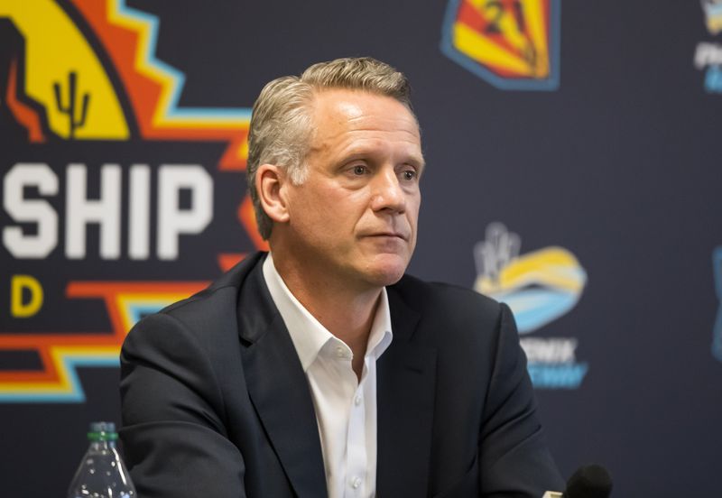 FILE PHOTO: Nov 5, 2021; Avondale, Arizona, USA; NASCAR president Steve Phelps speaks to the media prior to practice for the Cup Series Championship race at Phoenix Raceway. Mandatory Credit: Mark J. Rebilas-USA TODAY Sports/File Photo