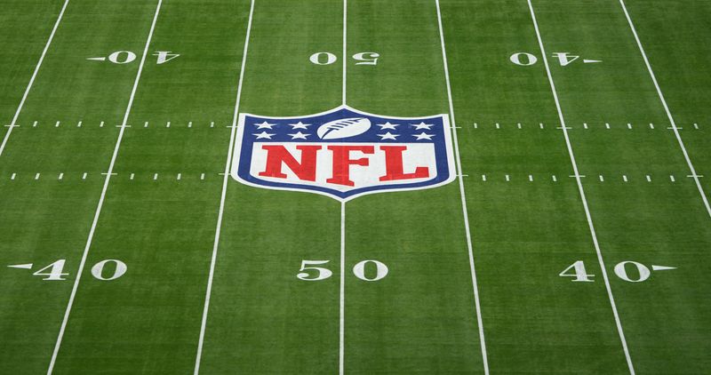 FILE PHOTO: Feb 12, 2023; Glendale, AZ, USA; A general view of the NFL shield logo on the field before Super Bowl LVII between the Kansas City Chiefs and Philadelphia Eagles at State Farm Stadium. Mandatory Credit: Kirby Lee-USA TODAY Sports/File Photo
