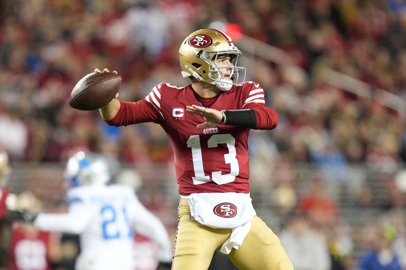 FILE PHOTO: December 30, 2024; Santa Clara, California, USA; San Francisco 49ers quarterback Brock Purdy (13) passes the football against the Detroit Lions during the first quarter at Levi's Stadium. Mandatory Credit: Kyle Terada-Imagn Images/File Photo