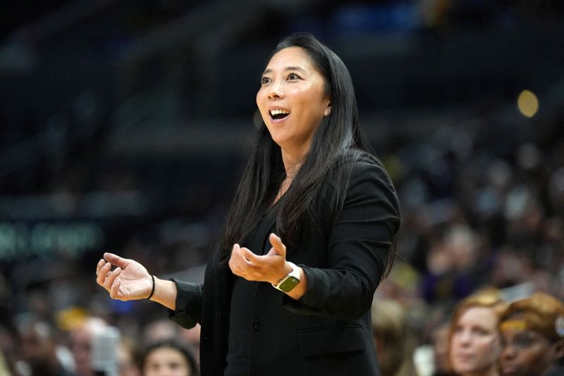 FILE PHOTO: May 25, 2023; Los Angeles, California, USA; Las Vegas Aces first assistant coach Natalie Nakase, now head coach at the Golden State Valkyries, reacts during the first half Las Vegas Aces at Crypto.com Arena. Mandatory Credit: Kirby Lee-USA TODAY Sports/File Photo