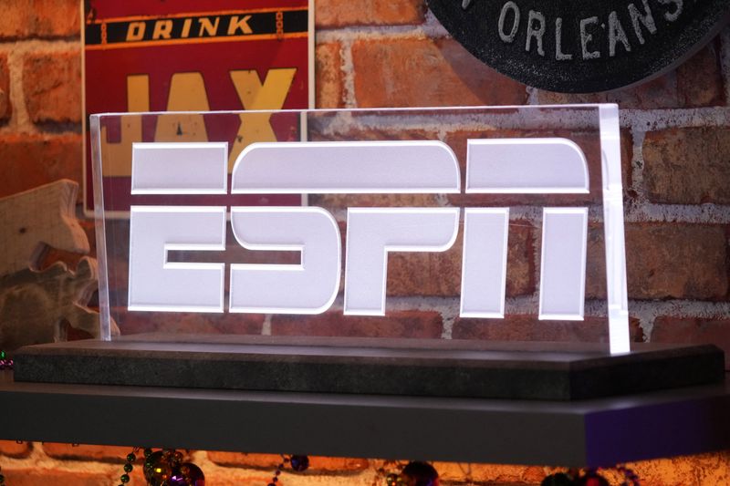 FILE PHOTO: Feb 5, 2025; New Orleans, LA, USA; The ESPN logo at the Super Bowl LIX media center at the Ernest N. Morial Convention Center. Mandatory Credit: Kirby Lee-Imagn Images/File Photo