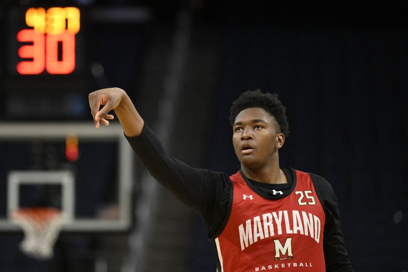 FILE PHOTO: Mar 26, 2025; San Francisco, CA, USA; Maryland Terrapins center Derik Queen (25) shoots the basketball during NCAA Tournament West Regional Practice at Chase Center. Eakin Howard-Imagn Images/File Photo