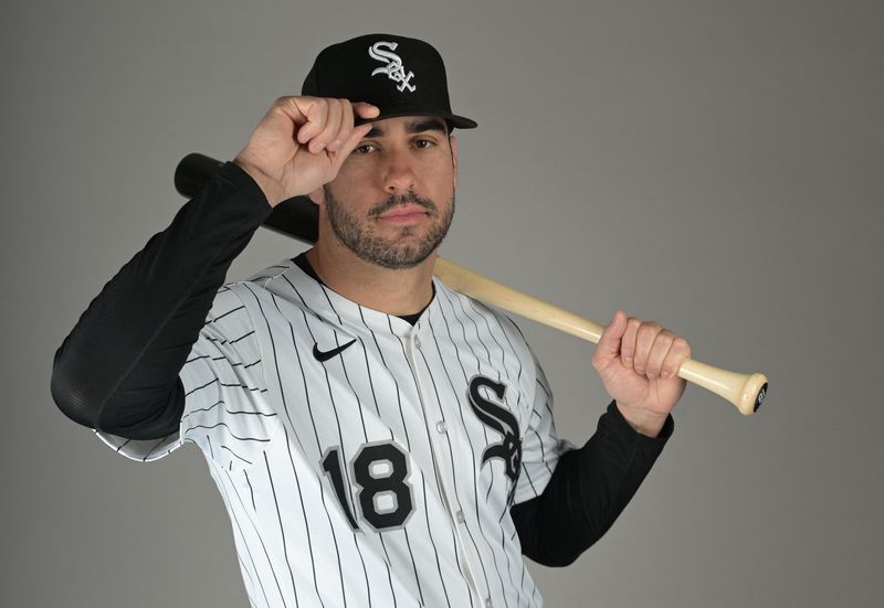 FILE PHOTO: Feb 20, 2025; Glendale, AZ, USA;  Chicago White Sox right fielder Mike Tauchman (18) poses for a photo on media day at the team’s spring training facility in Glendale, AZ.  Mandatory Credit: Jayne Kamin-Oncea-Imagn Images/File Photo