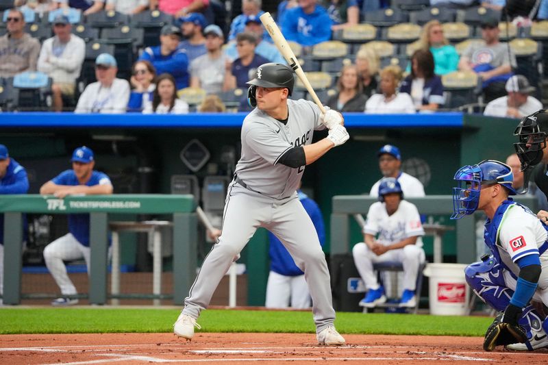 FILE PHOTO: May 6, 2025; Kansas City, Missouri, USA; Chicago White Sox designated hitter Matt Thaiss (29) at bat against the Kansas City Royals at Kauffman Stadium. Mandatory Credit: Denny Medley-Imagn Images