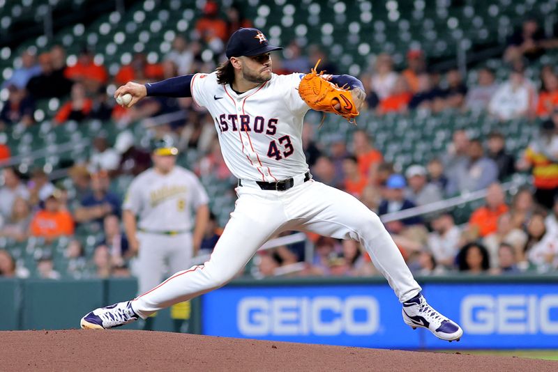 FILE PHOTO: May 28, 2025; Houston, Texas, USA; Houston Astros starting pitcher Lance McCullers Jr. (43) delivers a pitch against the Athletics during the first inning at Daikin Park. Mandatory Credit: Erik Williams-Imagn Images/File Photo