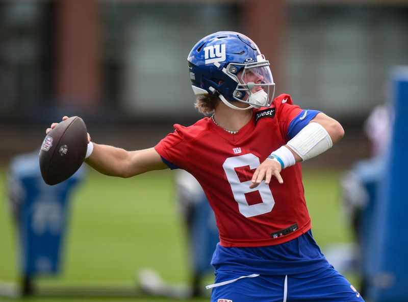 FILE PHOTO: May 10, 2025; East Rutherford, NJ, USA; New York Giants quarterback Jaxson Dart (6) throws a pass during rookie minicamp at Quest Diagnostics Training Center. Mandatory Credit: John Jones-Imagn Images