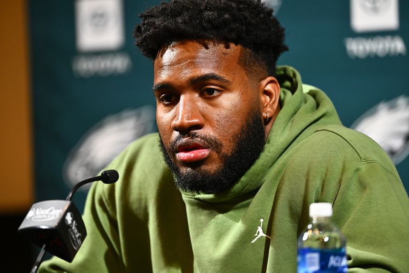 FILE PHOTO: Mar 14, 2024; Philadelphia, PA, USA; Philadelphia Eagles linebacker Bryce Huff speaks during a press conference after signing with the team. Mandatory Credit: Kyle Ross-USA TODAY Sports