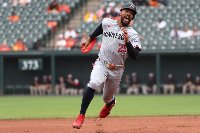 FILE PHOTO: May 14, 2025; Baltimore, Maryland, USA; Minnesota Twins outfielder Byron Buxton (25) scores a run during the ninth inning against the Baltimore Orioles at Oriole Park at Camden Yards. Mandatory Credit: Daniel Kucin Jr.-Imagn Images