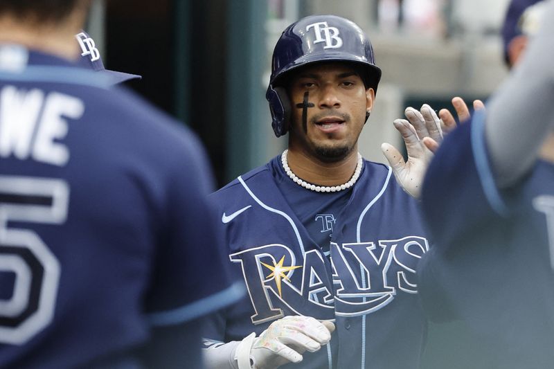 FILE PHOTO: Aug 6, 2023; Detroit, Michigan, USA; Tampa Bay Rays shortstop Wander Franco (5) receives congratulations from teammates after scoring in the sixth inning against the Detroit Tigers at Comerica Park. Mandatory Credit: Rick Osentoski-USA TODAY Sports/File photo