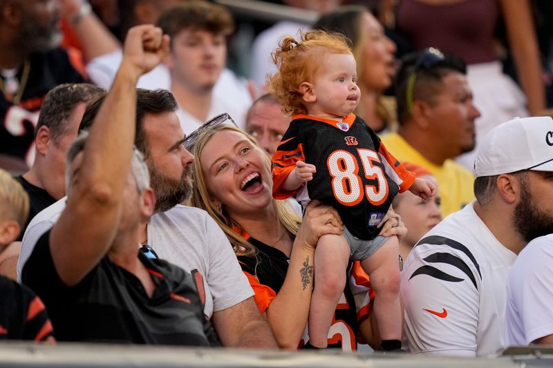 Bengals fans cheer at the start of the first quarter of the NFL Preseason Week 1 game between the Cincinnati Bengals and the Tampa Bay Buccaneers at Paycor Stadium in downtown Cincinnati on Saturday, Aug. 10, 2024.