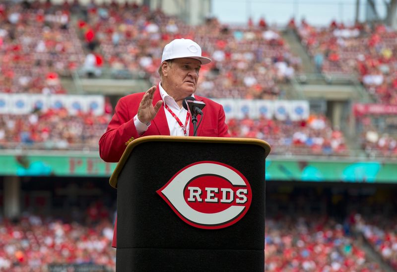 Cincinnati Reds hall of famer Pete Rose speaks during a pregame ceremony for the unveiling of Pete Rose's bronze statue being installed outside the stadium before the MLB National League game between the Cincinnati Reds and the Los Angeles Dodgers at Great American Ball Park in downtown Cincinnati on Saturday, June 17, 2017.