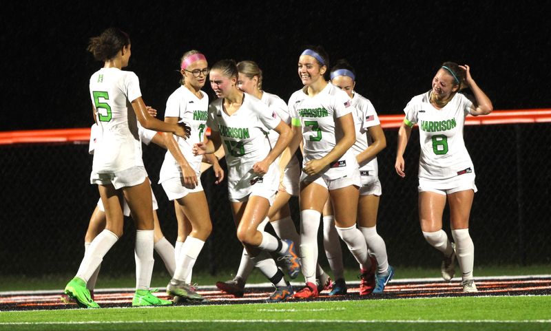 Harrison players celebrate after a goal by senior Shelby Piepmeier (3) gave the Wildcats a 2-0 lead as Harrison defeated Lawrenceburg 2-1 in a girls soccer matchup of teams with one combined loss Oct. 1, 2024, at Lawrenceburg High School.