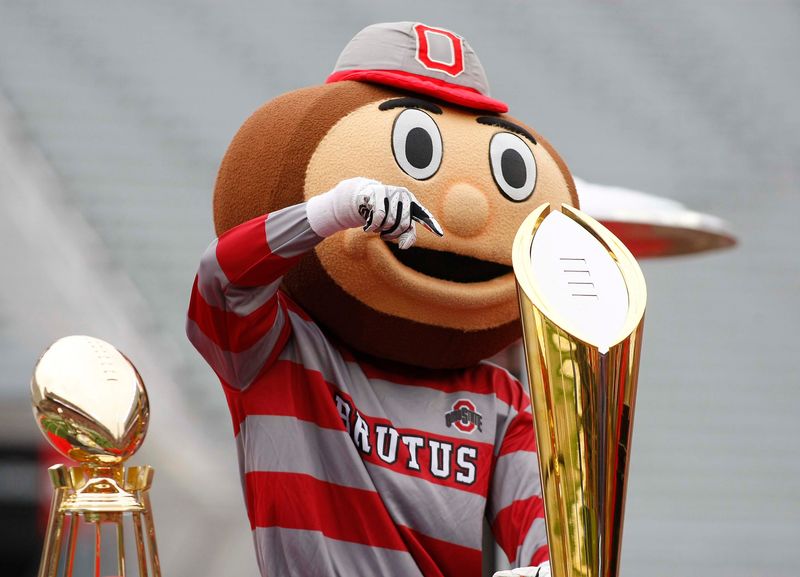 Jan 24, 2015; Columbus, OH, USA; Ohio State Buckeyes mascot Brutus with college football playoff trophy at Ohio Stadium for the national championship celebration. Mandatory Credit: Joe Maiorana-USA TODAY Sports