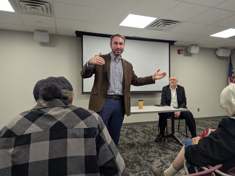 Ohio State Rep. David Thomas, R-Jefferson, addresses a property tax town hall organized by state Rep. Gary Click, R-Vickery.