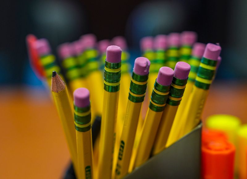 A selection of pencils on the conference table in at Bubbling Wells Elementary School Principal Shane Foust's office on the campus in Desert Hot Springs, Calif., Tuesday, March 25, 2025.