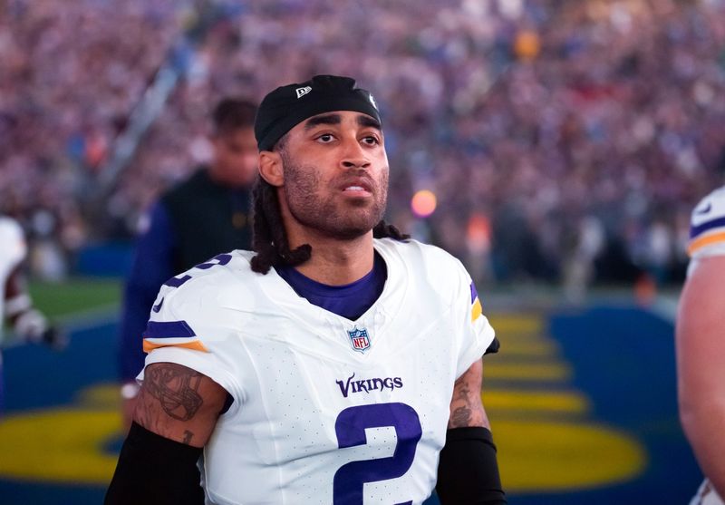 Jan 13, 2025; Glendale, AZ, USA; Minnesota Vikings cornerback Stephon Gilmore (2) against the Los Angeles Rams during an NFC wild card game at State Farm Stadium. Mandatory Credit: Mark J. Rebilas-Imagn Images