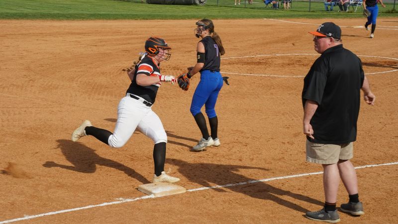 Ryle's Emily Gehring rounds third base during the Lady Raiders' game at Conner on April 23, 2025.