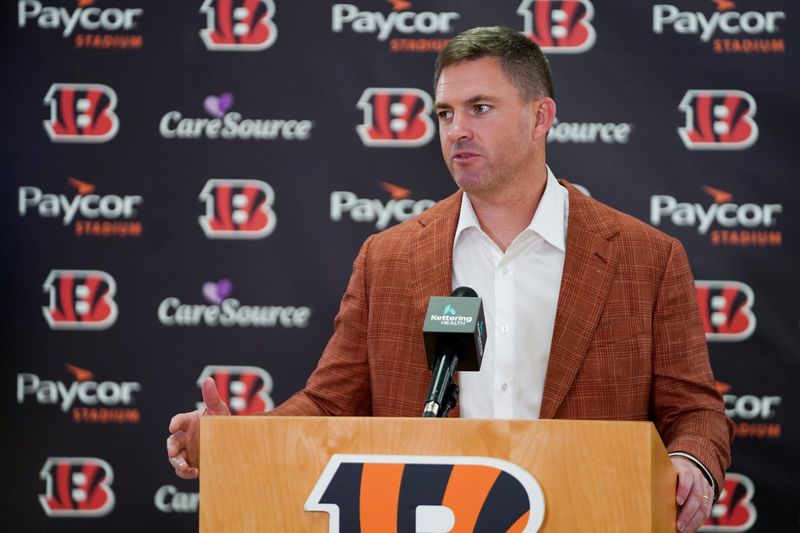Cincinnati Bengals head coach Zac Taylor speaks during a press conference, Friday, April 25, 2025, at Paycor Stadium in Downtown Cincinnati.