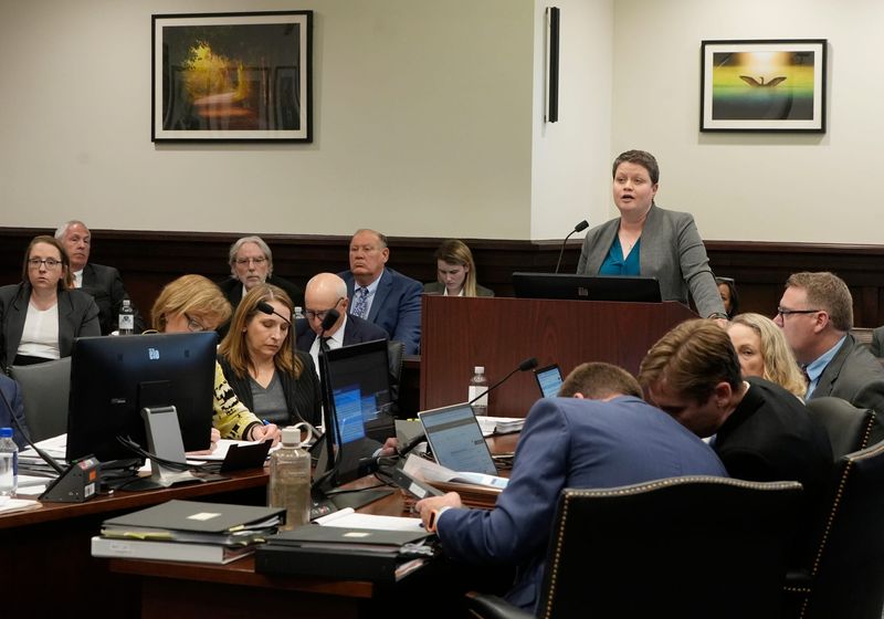 Melissa Kelly, defense attorney for Michael Dowling, at podium addresses the court during a hearing on motions in HB6 criminal case of former FirstEnergy execs Chuck Jones and Dowling in Summit County Common Pleas Judge Susan Baker Ross’s Courtroom on Friday, April 25, 2025.