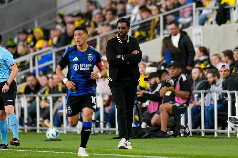 Crew coach Wilfried Nancy, seen here in April, often talks about the philosophy of his coaching style, while Cincinnati's Pat Noonan says that would make him cringe.