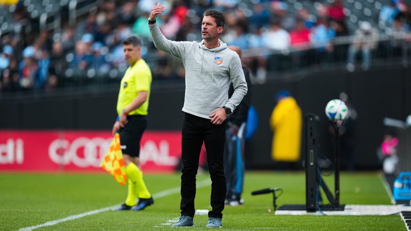 Head coach Pat Noonan directs his team during FC Cincinnati's 1-0 loss at New York City FC in Major League Soccer action May 4, 2025, at Citi Field.