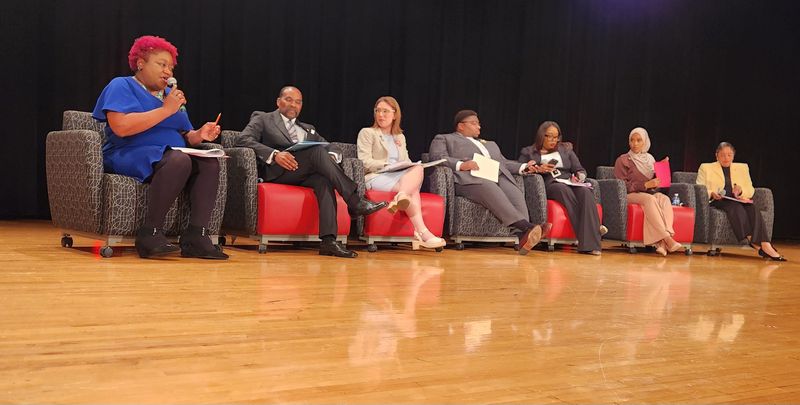 Attending a town hall forum on May 7 at East High on the Ohio House's proposed budget and a plan to limit cash savings for school districts are, from left to right: Amelia Robinson, Dispatch opinion and community engagement editor, who moderated; Ohio Sen. Hearcel Craig, D-Columbus; Democratic state Representatives Beryl Brown Piccolantonio of Gahanna, Dontavius L. Jarells, Latyna Humphrey, Munira Abdullahi, all of Columbus; and Jennifer Adair, vice president of the Columbus City Schools Board of Education..