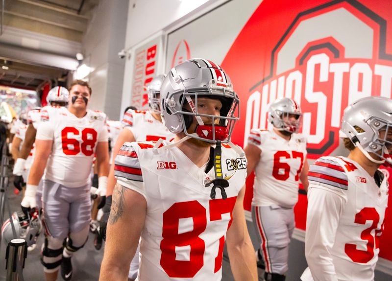 Jan 20, 2025; Atlanta, GA, USA; Ohio State Buckeyes wide receiver Reis Stocksdale (87) against the Notre Dame Fighting Irish during the CFP National Championship college football game at Mercedes-Benz Stadium. Mandatory Credit: Mark J. Rebilas-Imagn Images