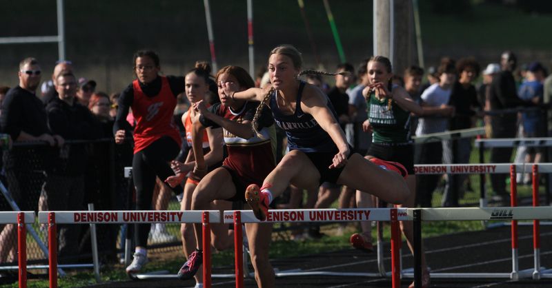 Granville's Ayla Cook competes in the 100-meter hurdles during the Newark Catholic Invitational at the Evans Athletic Complex on May 8, 2025.