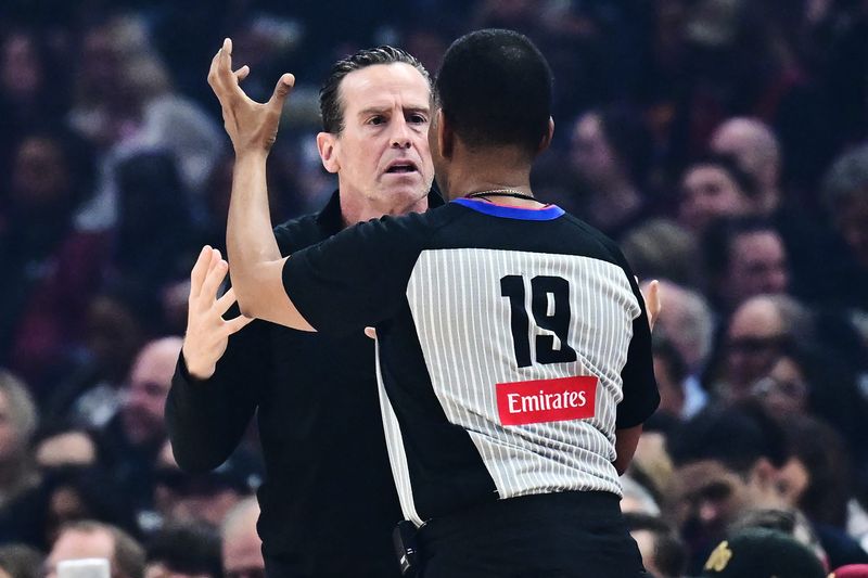 Cavaliers head coach Kenny Atkinson argues a first-half call with referee James Capers in Game 5 against the Pacers in the second round of the NBA playoffs, May 13, 2025, in Cleveland.