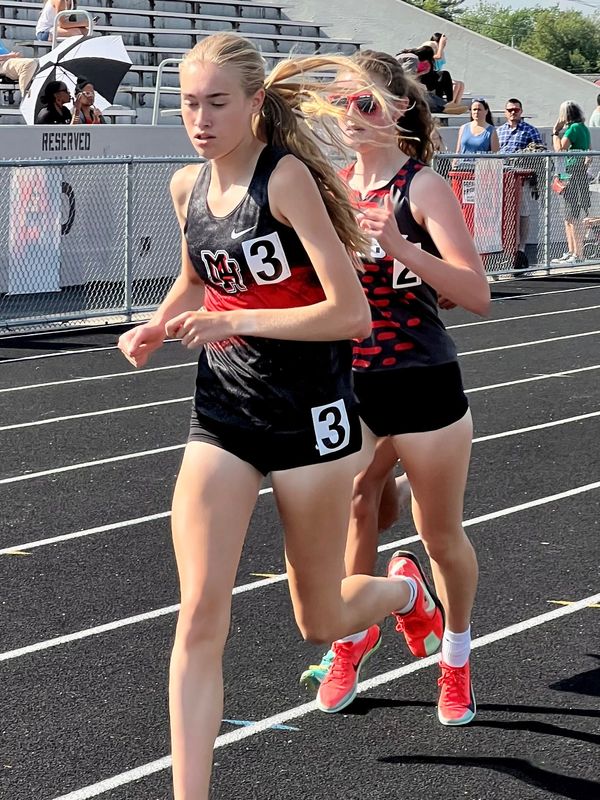 Marion Harding's Leah Price takes the lead in the girls 1600 meters at the Mid Ohio Athletic Conference Track and Field Championships on May 15, 2025 at Harding Stadium.