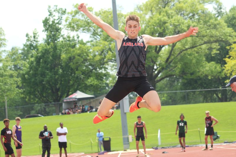Ashland's Dakota Kruty won the boys long jump at the Ohio Cardinal Conference track meet on Friday for the second straight year.