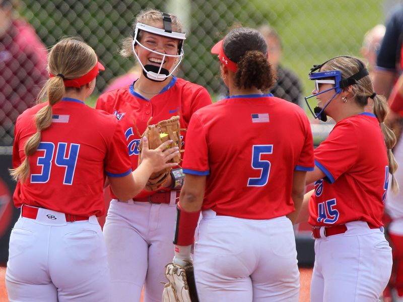 Licking Valley infielders celebrate an out with pitcher Emory Whisner during the Panthers' 4-2 victory in a Division IV district final against River Valley at Groveport on May 24, 2025.
