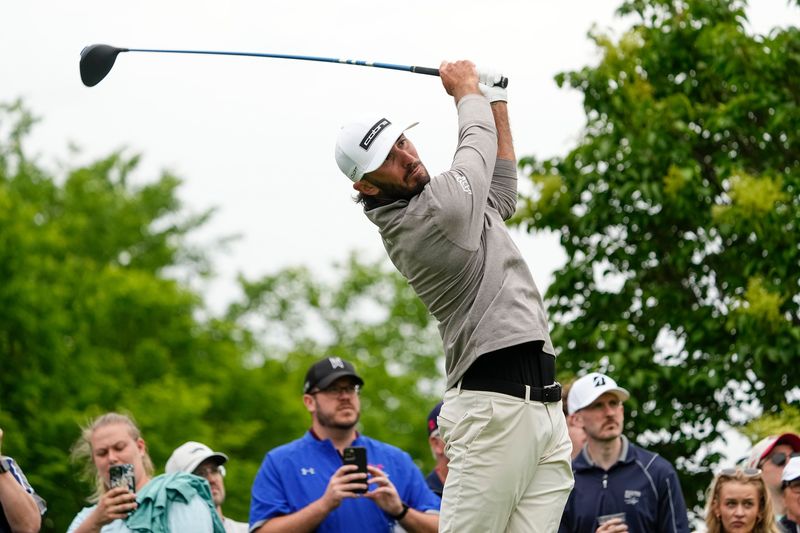 Max Homa tees off on No. 15 during a practice round for the Memorial Tournament on May 27.