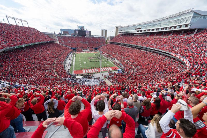 Oct 21, 2023; Columbus, Ohio, USA; The Ohio State Marching Band performs Script Ohio during the NCAA football game against the Penn State Nittany Lions at Ohio Stadium.