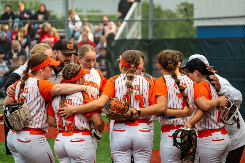 The Meadowbrook softball team tries to regroup late during Division IV regional semifinal action with Logan Elm on May 28.