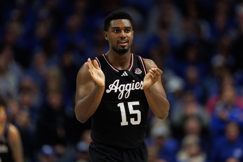 Jan 14, 2025; Lexington, Kentucky, USA; Texas A&M Aggies forward Henry Coleman III (15) celebrates during the first half against the Kentucky Wildcats at Rupp Arena at Central Bank Center. Mandatory Credit: Jordan Prather-Imagn Images