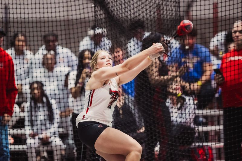 Texas Tech's Shelby Frank competes in the weight throw in Friday's session of the Stan Scott Invitational at the Sports Performance Center. The senior transfer from Minnesota broke her own school record, as well as the facility record with a mark of 75 feet, 2 inches.